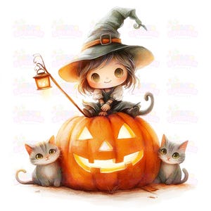 16 Adorables sorcières découpant des citrouilles avec des chats | Aquarelle mignonne d'Halloween | Sorcière avec baguette magique et lanterne