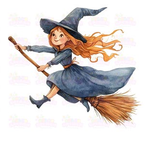 May include: A watercolor illustration of a young witch flying on a broomstick. She is wearing a blue dress and a pointed hat. Her hair is long and red, and she has a mischievous smile on her face.