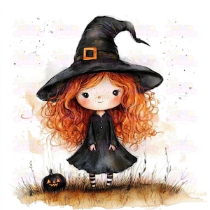 16 Illustration aquarelle mignonne de petite sorcière | Sorcière aux taches de rousseur et aux cheveux roux | Décoration d'Halloween parfaite