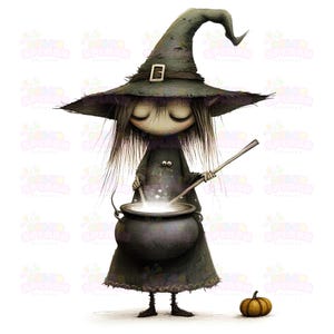 16 Halloween Witch Stirring a Cauldron | Spooky Witch Illustration | Witchy Decor Clipart | Magical Cauldron Art