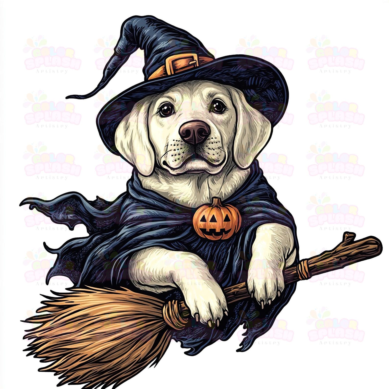 10 Cute White Labrador Dog as Halloween Witch on Broom | Spooky Clipart ...