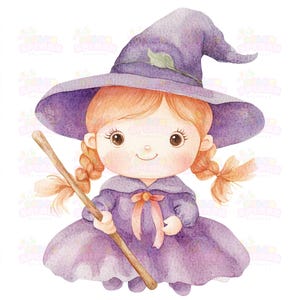 16 adorables ilustraciones de brujas bebés / Ilustración de acuarela kawaii con varita mágica / Decoración de brujas en tonos suaves
