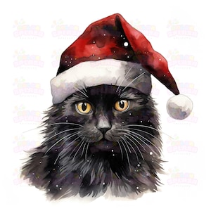 10 schwarze Katze trägt Nikolausmütze Weihnachten Clipart - Festliche Katze Kunst, Urlaub Katze Dekor, süße Katze Santa Illustration, hohe Auflösung