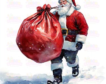 16 サンタクロースのイラスト | 雪の中でプレゼントの入った巨大な赤い