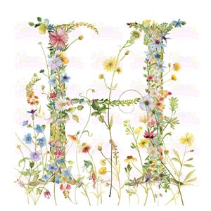 27 letras del alfabeto floral en acuarela: impresión artística con iniciales de guirnalda de flores silvestres, hermosa decoración para el hogar inspirada en la naturaleza y alta resolución