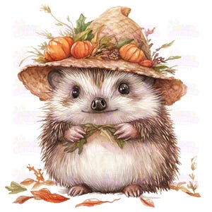 12 Clipart hérisson d'automne mignon portant un chapeau de récolte | Illustration animale d'automne | Art de la créature des bois | Décoration de récolte pour travaux manuels d'automne