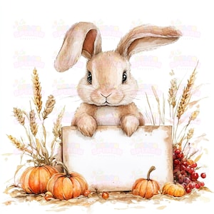 12 cliparts lapin aquarelle avec enseigne sur le thème de la récolte, décoration automne, Art lapin automne, Clipart lapin mignon, aquarelle de saison de ferme
