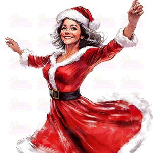 12 affascinanti illustrazioni di una donna bruna di 60 anni che gioca a travestirsi da Babbo Natale, perfette per decorazioni natalizie, alta risoluzione