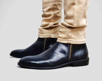 Bottines chelsea en cuir pour hommes|Cuir pleine fleur|Fermeture éclair sur les deux côtés|Bottines|Doublure en cuir|Bottes Chelsea en cuir unies noires|Cadeau gratuit