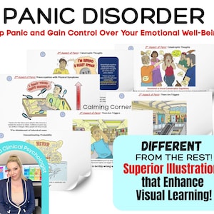 Op de afbeelding: Een educatieve afbeelding met de titel "PANIC DISORDER" en de slogan "Stop Panic and Gain Control Over Your Emotional Well-Being". De afbeelding bevat illustraties en tekst over paniekstoornis.