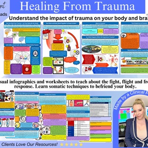 May include: A colourful set of printable worksheets and infographics about healing from trauma. The worksheets include information about the fight, flight, and freeze response, as well as somatic techniques to help people befriend their bodies. The text "Healing From Trauma" is at the top of the image. The text "Clients Love Our Resources!" is at the bottom of the image.