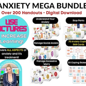 May include: Digital download of an Anxiety Mega Bundle with over 200 handouts. The image features the text "Use Pictures to Increase Learning!" and "Covers all aspects of anxiety and its treatment!" Also includes "Understand Your Anxiety", "Manage Social Anxiety", "Manage Excessive Worry", "Stop Panic", "70 Anxiety Coping Skill Cards", and "30 Coping Statements".