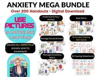 Mega Bundle sur l'anxiété, feuilles de travail sur l'anxiété, cartes mémoire de compétences pour faire face à l'anxiété, gestion de l'anxiété, soulagement de l'anxiété, panique, anxiété sociale, TCC