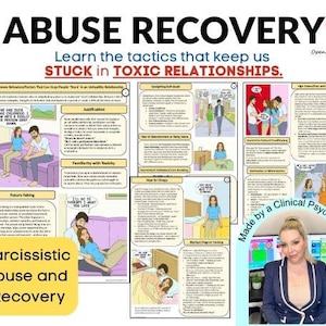 Puede incluir: Gráfico con el texto "ABUSE RECOVERY" y "Learn the tactics that keep us STUCK in TOXIC RELATIONSHIPS." La imagen incluye ilustraciones y las palabras "Narcissistic Abuse and Recovery."