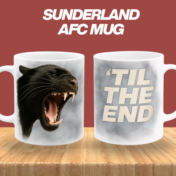Taza del Sunderland AFC Black Cat: Hasta el final, regalo para el Día del Padre, regalo para un aficionado del Sunderland, taza rojiblanca del ejército, SAFC, Mackems, Black Cats