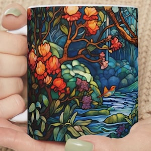 Coffee Mug Stained Glass Garden Blooming Flowers Stream Tree Bird Original Art Designer Gift Mug