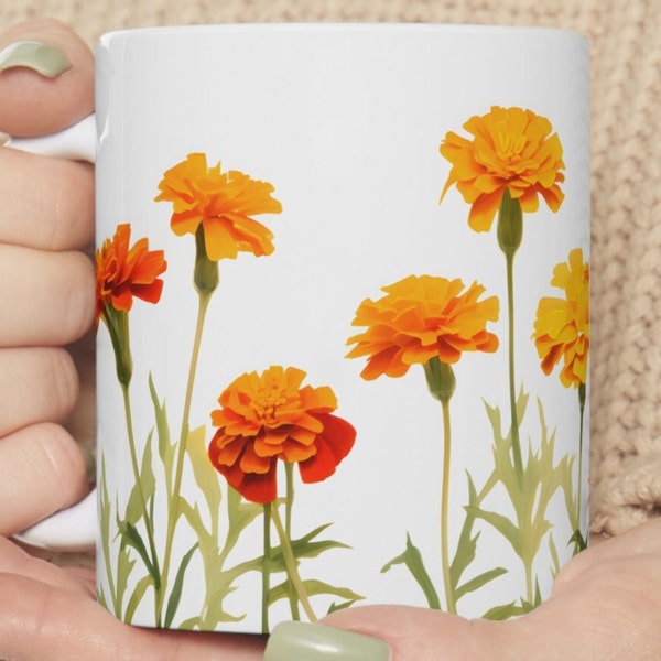 Tasse à café Soucis Floraison Fleurs Peinture Originale Art Designer Cadeau Amoureux du Jardin