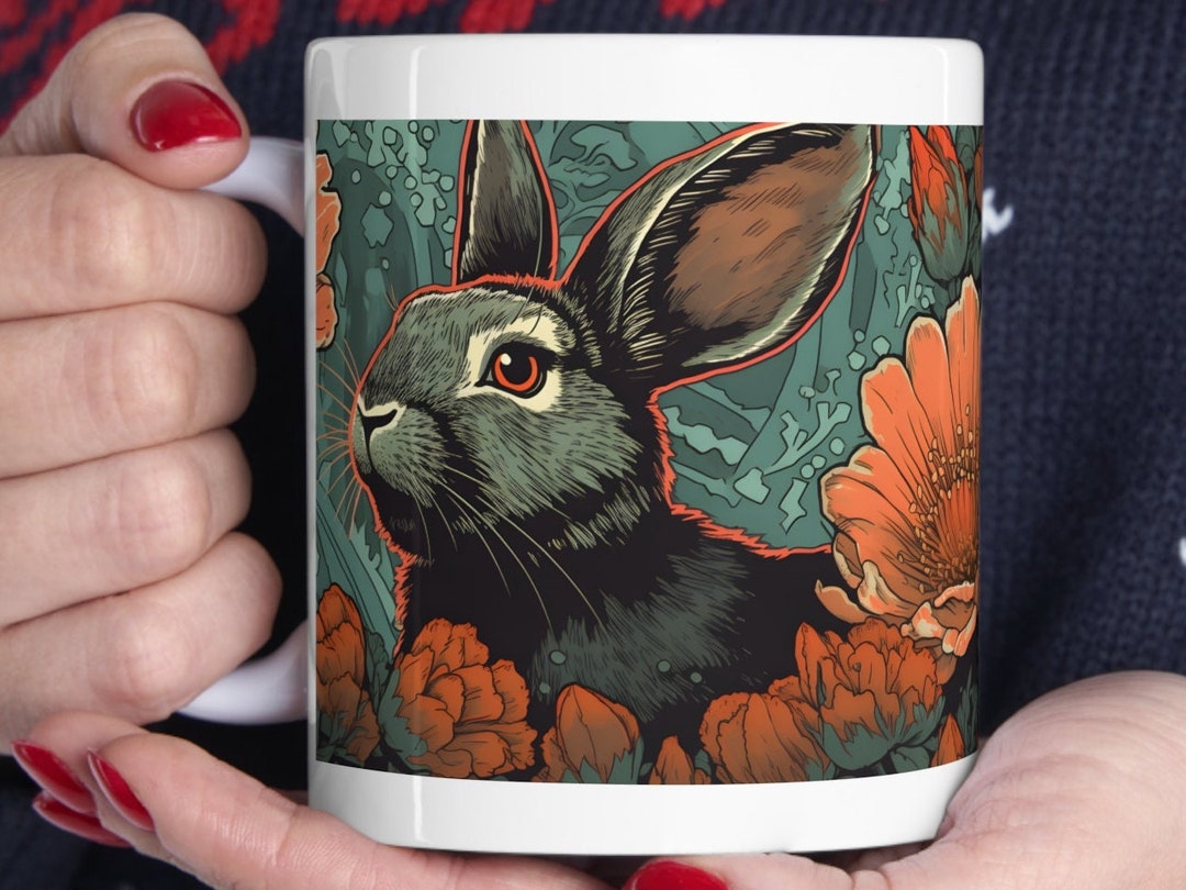 Rabbit Linocut Coffee Mug: Floral Art Designer Gift - Etsy