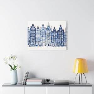 Canvas Print, Amsterdam Canal Houses Watercolor Style Art, Whimsical Home Decor, Architectural Wall Art, Art Lover Decor, Blue