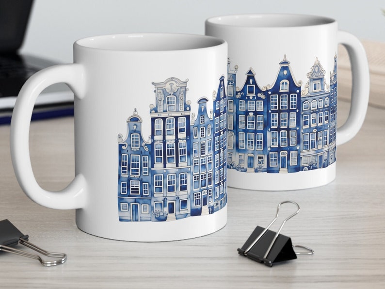 Coffee Mug Amsterdam Canal Houses Watercolor Delft Blue Style Designer ...