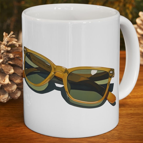 Coffee Mug Sunglasses Vintage Horn-Rimmed Fashion Eyewear Painting Original Art Designer Gift