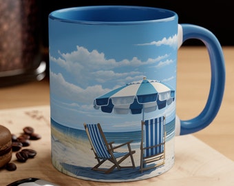 Coffee Mug Summer Beach Vacation Featuring Two Striped Chairs and Parasol Sandy Beach Blue Sea and Sky Designer Gift Original Art