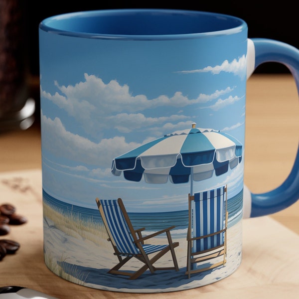 Coffee Mug Summer Beach Vacation Featuring Two Striped Chairs and Parasol Sandy Beach Blue Sea and Sky Designer Gift Original Art