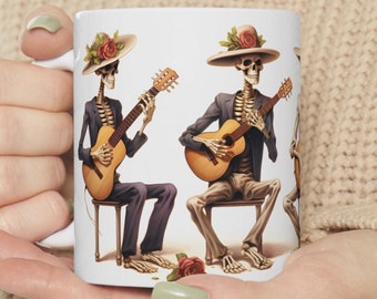 Coffee Mug Skeletons Playing Guitars Creative Quirky Fun Gift Mexican Day of the Dead