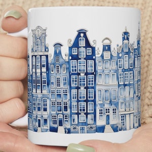 Coffee Mug Amsterdam Canal Houses Watercolor Delft Blue Style Designer Gift Original Art