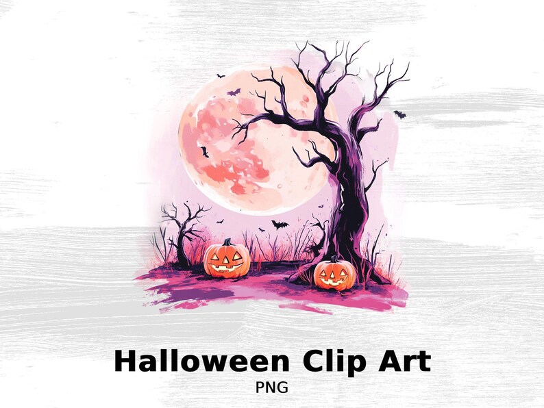 Spooky Halloween Night Digital Clip Art PNG, Full Moon With Haunted