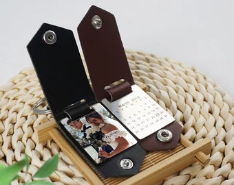 Custom Calendar Keychain with Photo | Leather Key Ring with Engraved Date | Couple Gift for Valentine’s Day, Anniversary, Christmas