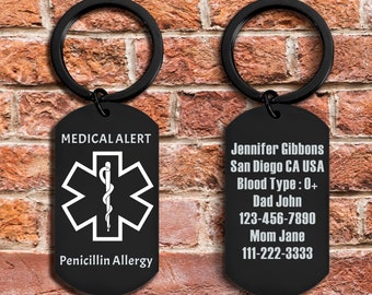 Personalized Medical Alert Keychain for Men,Including Medical Information and Contact ID,Gift for Epilepsy, Hypertension, Dizziness Patient