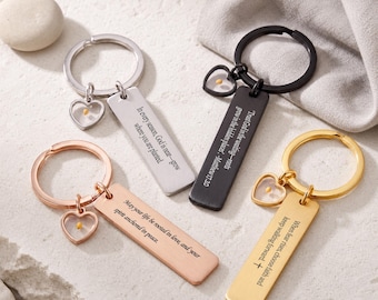 Custom Long Heart Keychain, Engraved Bar Keyring, Personalized Name Tag Gift, Minimalist Couple Gift, Silver Gold Rose Gold Black
