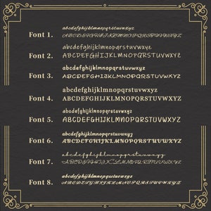 May include: A black and white image showing eight different fonts, labeled Font 1 through Font 8. Each font displays the alphabet in lowercase and uppercase letters.