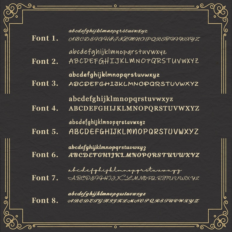 May include: A black and white image showing eight different fonts, labeled Font 1 through Font 8. Each font displays the alphabet in lowercase and uppercase letters.