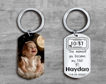 Custom Baby Birth Keychain with Photo & Time – New Dad Gift – Personalized First Father's Day Keyring – Birth Announcement Keepsake