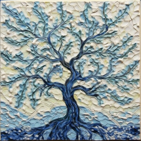 Weißer Baum - Van Gogh Inspiriert - Winterkachel - Winterbaum - Digitale Kunst - Digitaldruck - Blauer und weißer Baum