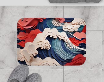 Tapis de bain avec un élégant design ondulé rouge, blanc et bleu de style japonais, ajoute de la couleur et du style à votre salle de bain et réduit le risque de glisser.