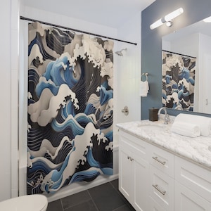 Shower curtain with elegant wavy black, white and blue Japanese style design, will add color and style to your bathroom.