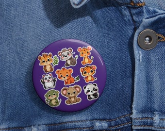 Metal Pin Button, cute forest animal design on a colorful background, can style up any item you pin it on.