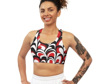 Seamless Sports Bra with abstract multicolor geometrical design. Elegant design. Stylishly comfy and well supported during your training.