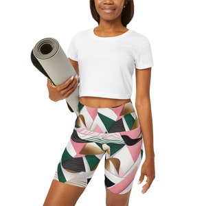 High Waisted multicolor abstract design Yoga Shorts (AOP). Elegant flattering leggings perfect for stylish training.