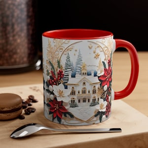 Taza navideña con elegante diseño navideño. Flores y nieve, tendencia navideña. Taza bicolor de 325 ml.