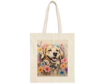 Tote Bag aus Baumwoll-Canvas mit einem farbenfrohen Design von einem Hund und Blumen. Baumwolltasche gibt es in Einheitsgröße. Perfekt für den Alltag