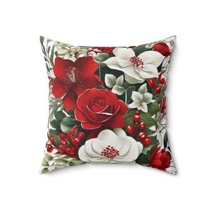 Christmas Flowers Pillow, Red Rose and white Poinsettia cover design, Holiday Trend Cushion,  Housewarming gift, Christmas Home Decor.
