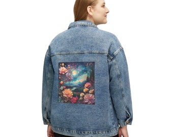 Damen Jeansjacke, entspannte übergroße Passform, farbenfrohes Kunstdesign einer Landschaft und Blumen, trendige Jacke, modernes Design, ein perfektes Geschenk.