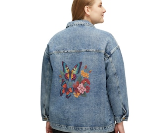 Damen Jeansjacke, entspannte und übergroße Passform, elegantes Design von Schmetterlingen und Blumen, trendige Jacke, modernes Design, ein perfektes Geschenk.