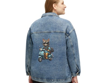 Damen Jeansjacke, entspannte und übergroße Passform, elegantes Design einer Katze, die ein Motorrad reitet, trendige Jacke, modernes Design, ein perfektes Geschenk.