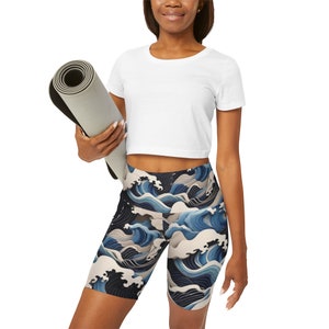 High Waisted wavy abstract design, multicolor Yoga Shorts (AOP). Elegant flattering leggings perfect for stylish training.