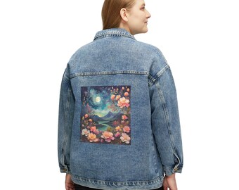 Damen Jeansjacke, entspannte übergroße Passform, farbenfrohes Kunstdesign einer Landschaft und Blumen, trendige Jacke, modernes Design, ein perfektes Geschenk.